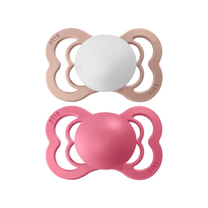 BIBS Supreme 2 Pack Pacifier, Blush-White / Coral-Coral, Size 1 (0 - 6 months)